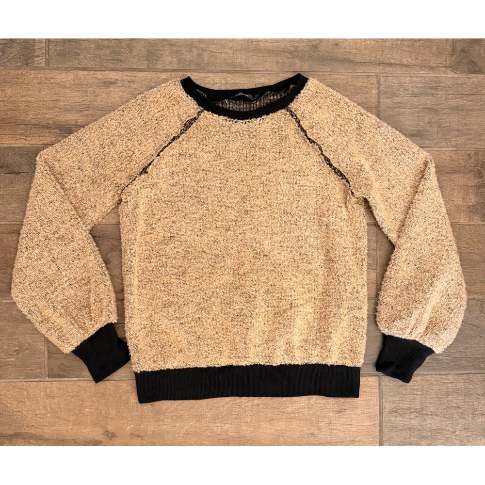 Doe & Rae Tan Black Boucle‎ Knit Raglan Sweater with Balloon Sleeve